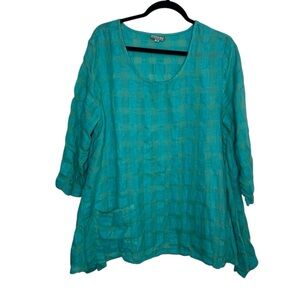 Niche womens M aqua blue linen blend boxy batwing oversized top Lagenlook boho
